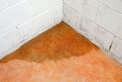 Moisture staining floor in corner of room