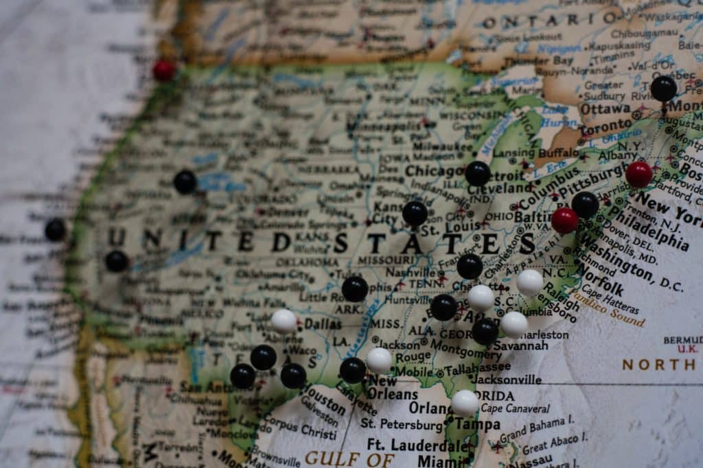 pins around a United States Map